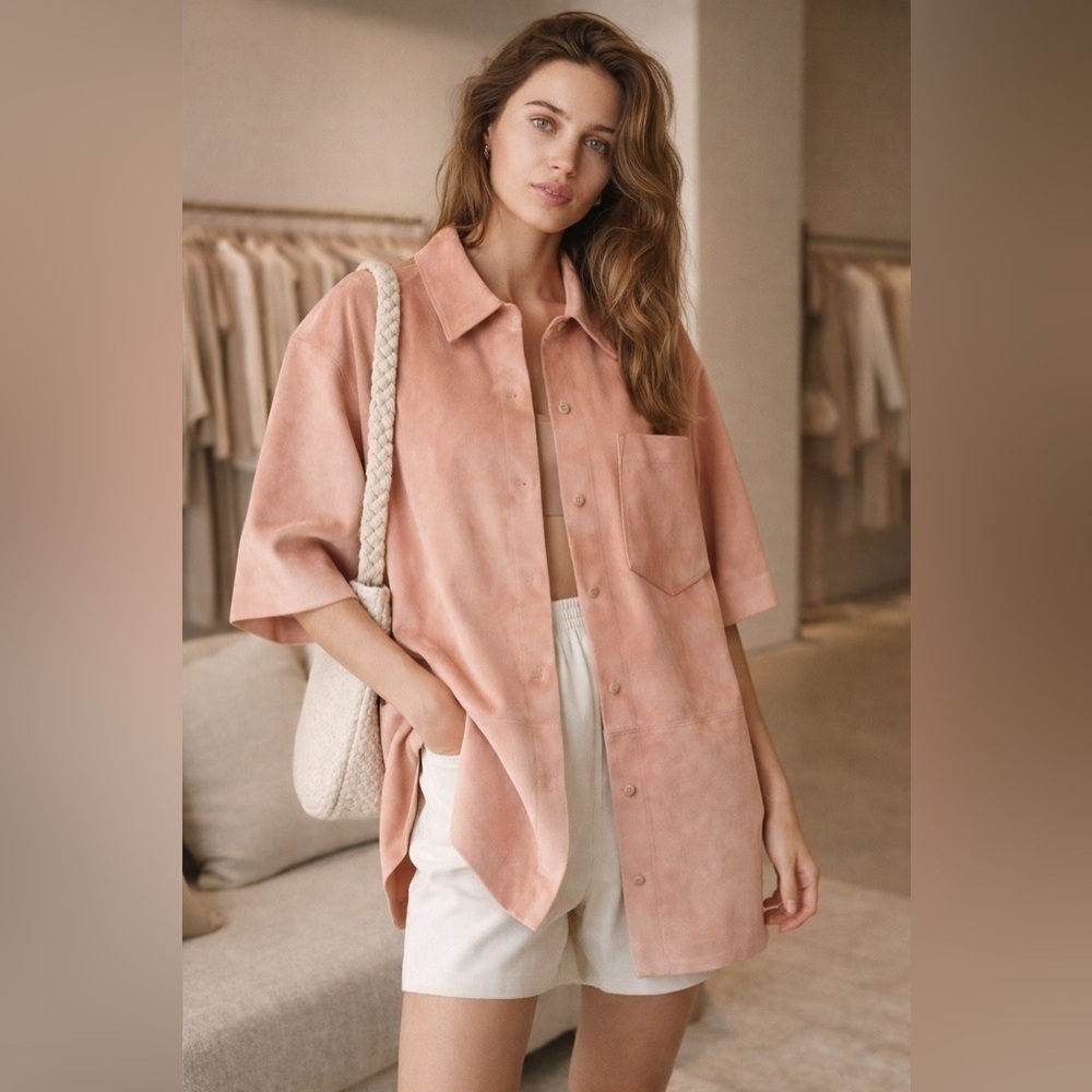 Le Fou Wilfred FUNK Short Sleeve Vegan Suede Button Up Womens XS Dark Peach Top